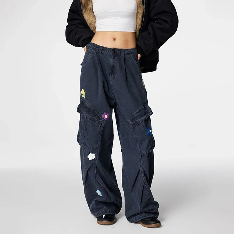 Floral Embroidered Relaxed Straight Street Pants