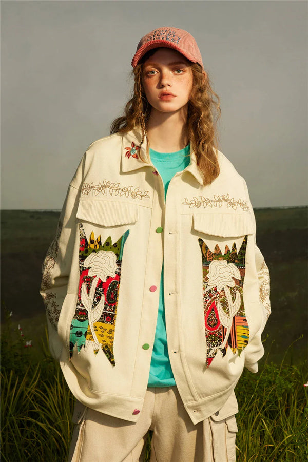 National Floral Embroidered Mosaic Denim Jacket alternatif görünüm