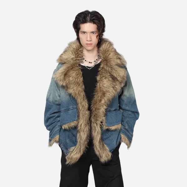 2000s Washed Faded Padded Fur Denim Jacket