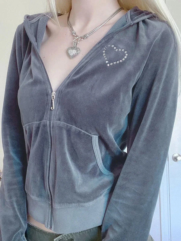 2000s Crystal Heart Zip-Up Sweatshirt alternatif görünüm