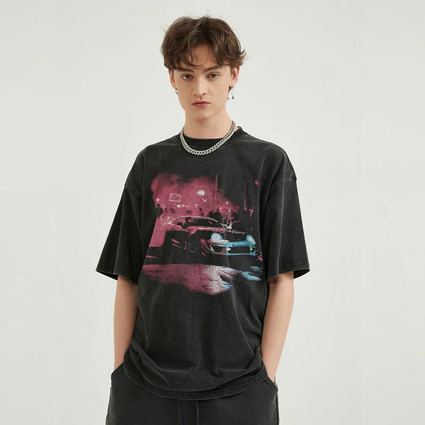 New-Millennium Stone-Rinsed Checkered-Flag Car T-Shirt alternatif görünüm