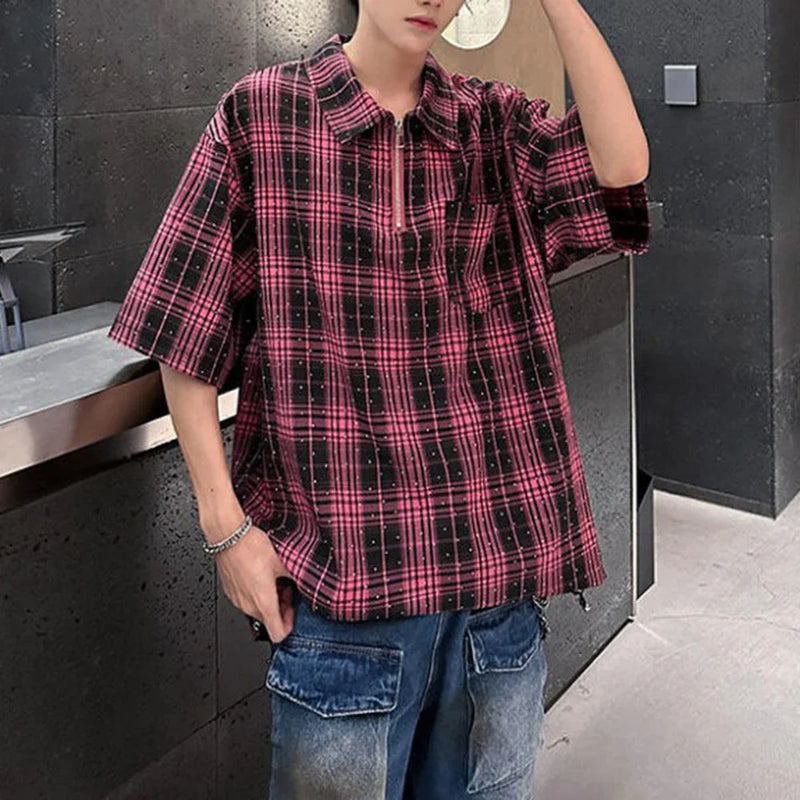 Diamond Check Half-Zip Casual Top