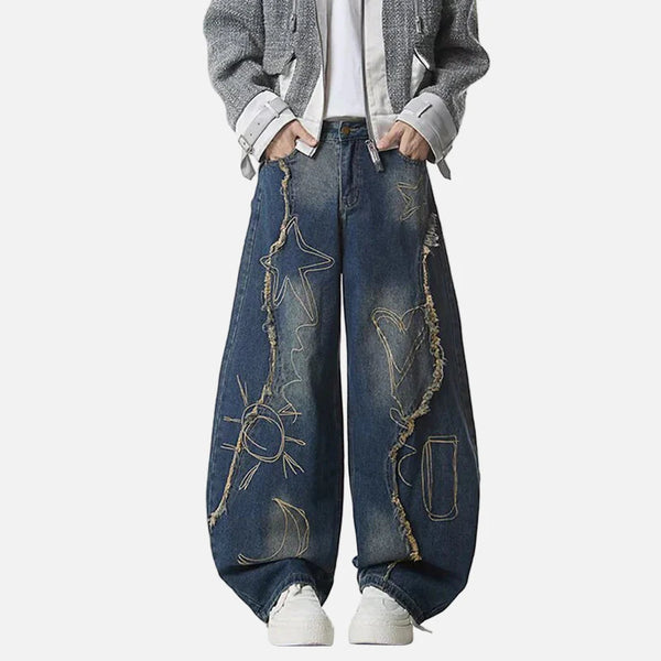 Raw Edge Printing Contrast Color Bell Leg Denim