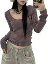 Bar-Print Long Sleeve U-Neck T-Shirt