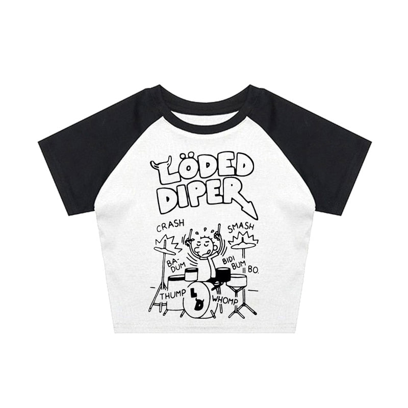 Turn-Of-Era Drummer Darkwave Letter Pattern Crop Top