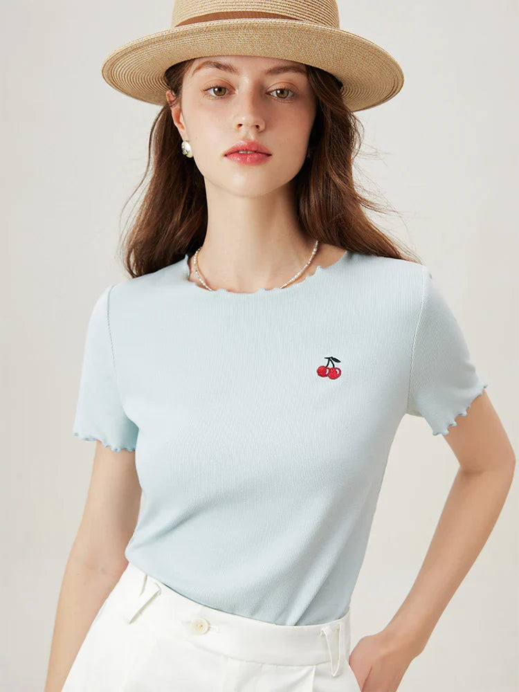 Cherry Needle-Art Scalloped T-Shirt