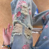 Classic Peony Flower Woven Pattern Torn Denim