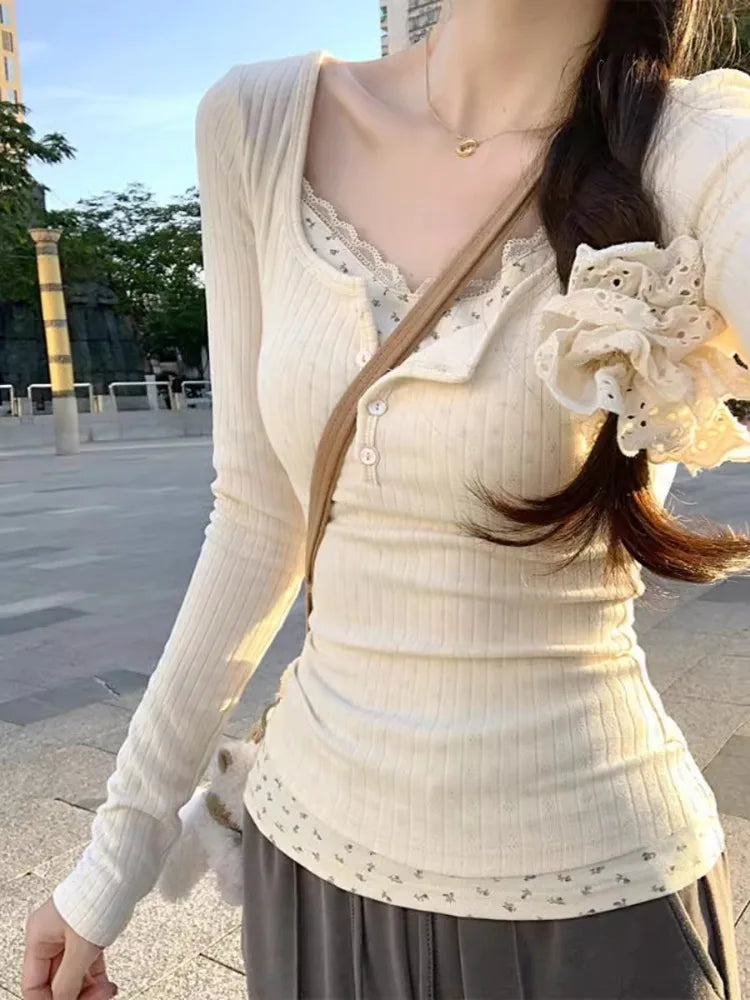 Sweet Floral Print Collage-Cut Lace T-Shirt