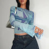 Women Blue Flare Sleeve Cropped T-Shirt