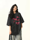 Stone-Rinsed Black Bloom Print Round T-Shirt