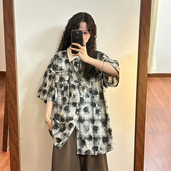 Retro Print Oversize Short Sleeve Blouse alternatif görünüm