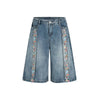 Vintage Yıkanmış Çiçek Desenli Jean Şort, yakın çekim — Navra Wear