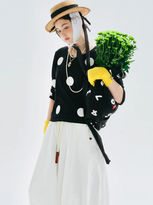 White Black Dot Polka Long Sleeve T-Shirt alternatif görünüm