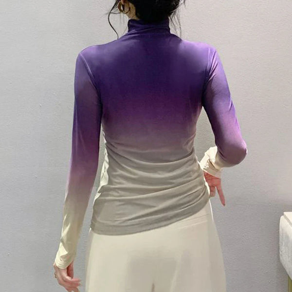 Long Mesh Print Gradient Chic T-Shirt alternatif görünüm