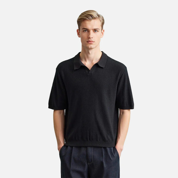 Retro-Faded Wave Texture Knitted Collar-Knit T-Shirt alternatif görünüm
