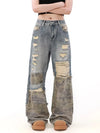 Vintage Yıkanmış Yırtık Detaylı Baggy Jean Pantolon, yakın çekim — Navra Wear