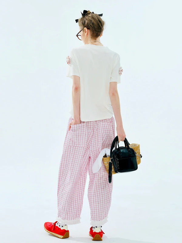 Sleeve Short Applique Floral White Soft T-Shirt alternatif görünüm