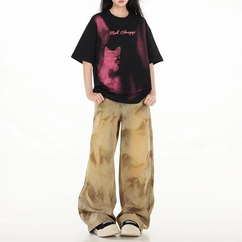 Classic-Wash Kitten Illustrated Short Sleeved T-Shirt