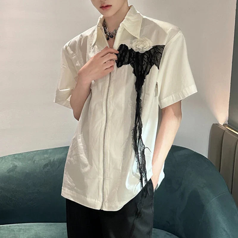 Floral Mesh Zip Short Sleeve Blouse