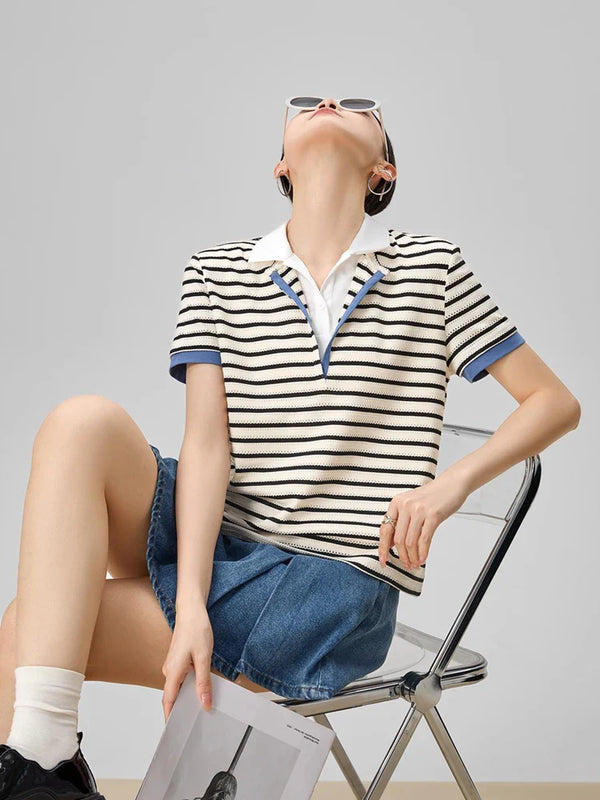 Cozy Multi-Stripe Collar-Knit V-Neck Knit T-Shirt