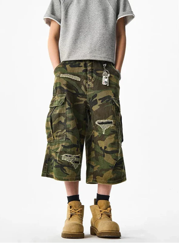Heavy-Duty Metro Woodland Wide Leg Utility Denim Shorts