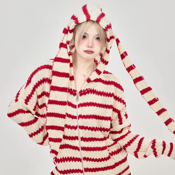 Horizontal-Lines Print Long Sleeve Hooded T-Shirt alternatif görünüm