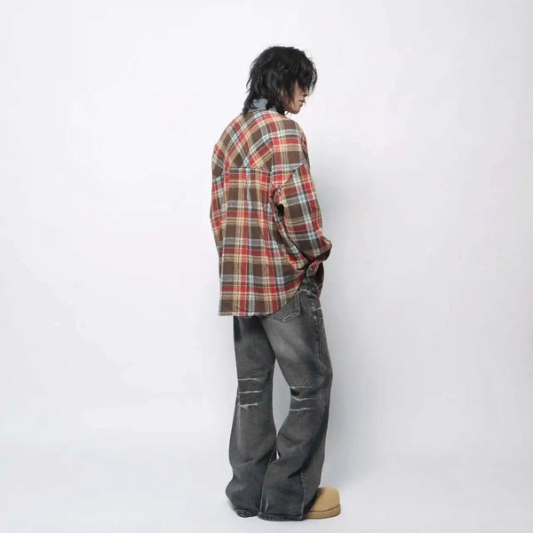 Raw Hem Plaid Vintage Long Sleeve Top alternatif görünüm