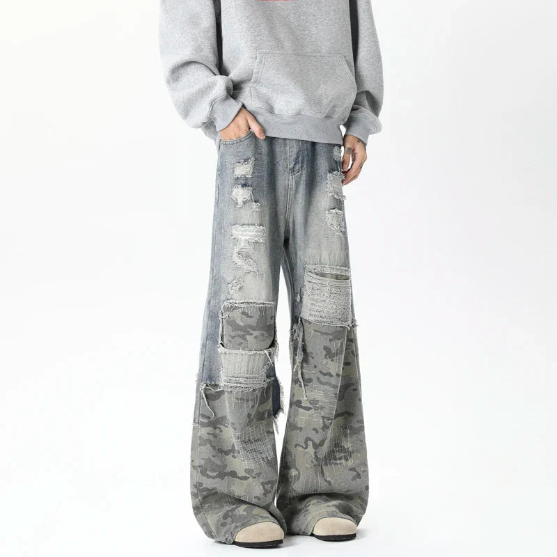 Chic Woodland Torn Mosaic Wide Denim