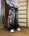 Pink Flame Emblem Doodle Print Denim