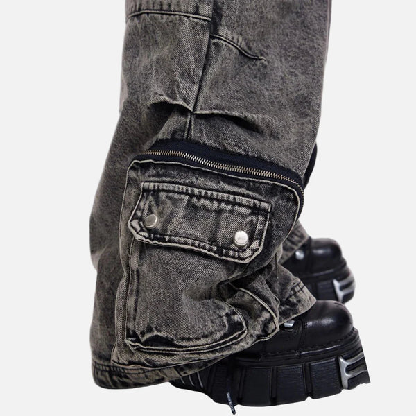 2000s Dark Japanese Style Bell Leg Utility Denim alternatif görünüm