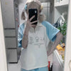 Harajuku Cartoon Print Mosaic Raw-Edge T-Shirt