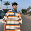 Nihon-Style Style Color Blocked Multi-Stripe Lapel T-Shirt