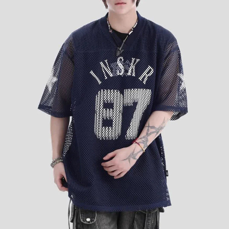 Nostalgia Stars-Spangled Style Mesh Hollow Letter T-Shirt
