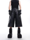 Sharp Black PU Leather Knee Denim Shorts