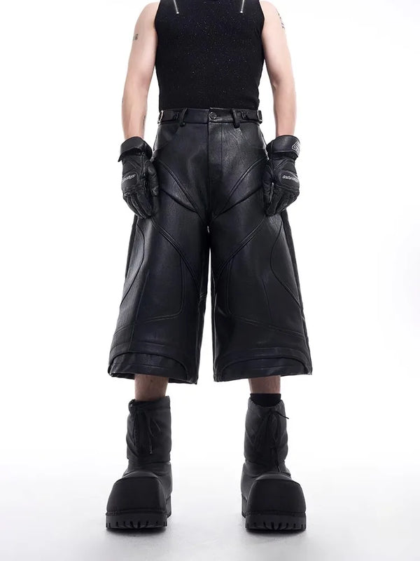Sharp Black PU Leather Knee Denim Shorts
