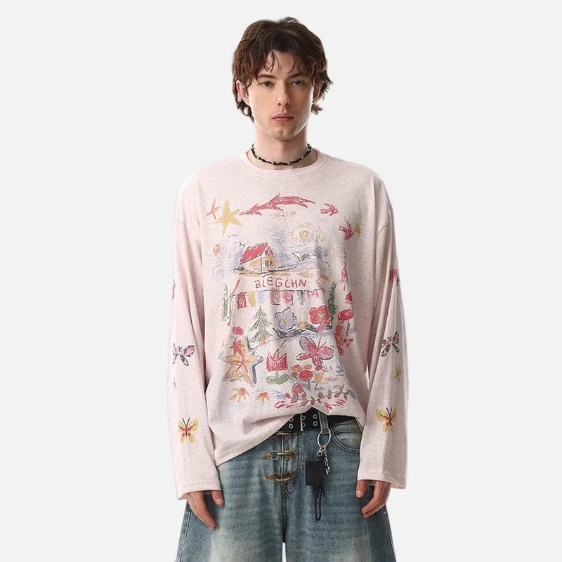 Print Graffiti Flattering Long Sleeve T-Shirt