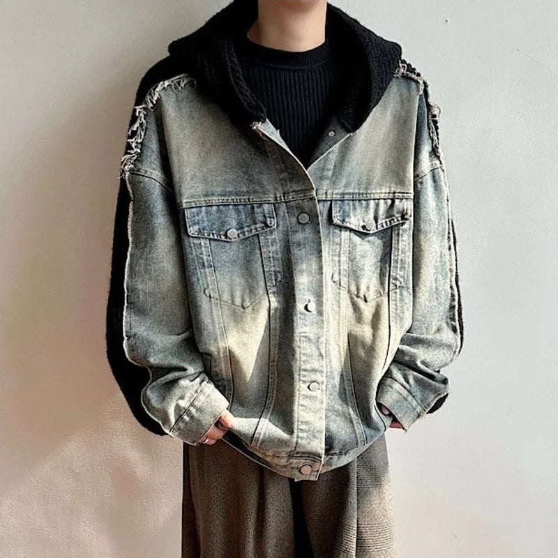 Trendy Knit Hooded Raw Edge Denim Jacket