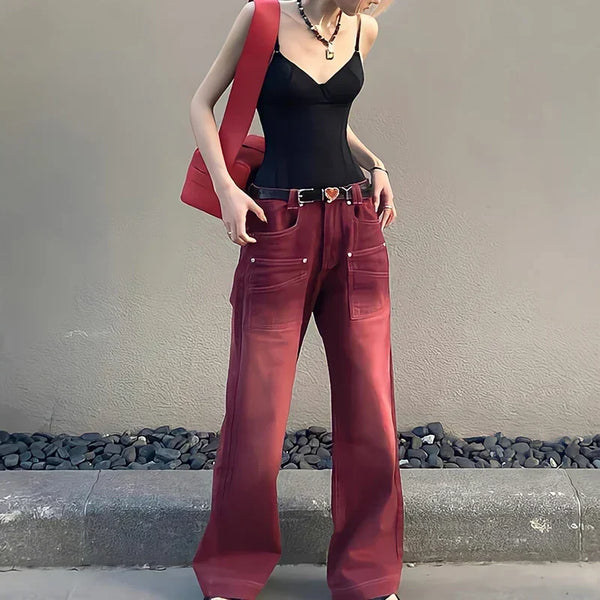 Wine Red Classic European Style Denim