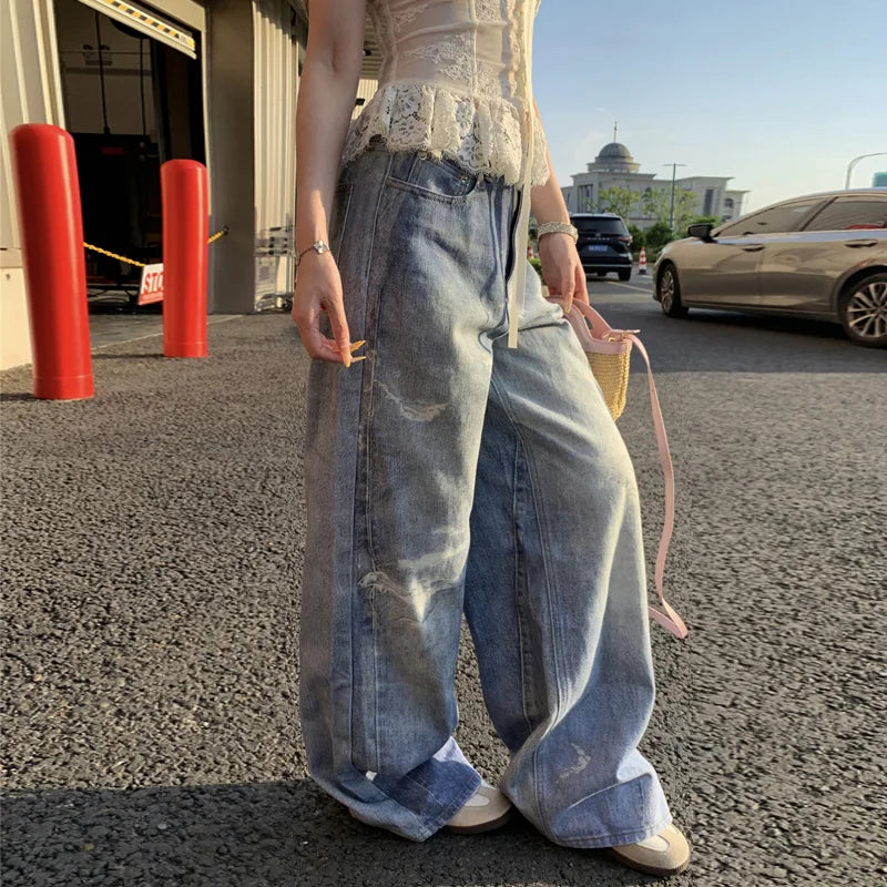 Heritage Seoul Style Rinse Torn High-Waisted Denim