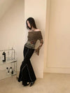 Knit Mesh Sleeve Flare Folk T-Shirt