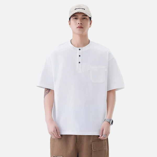 Neck Henley Heavyweight Versatile T-Shirt alternatif görünüm