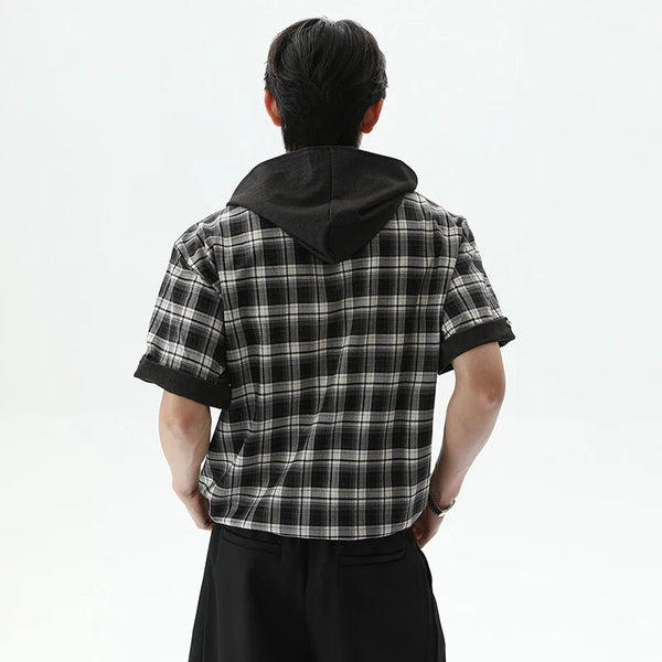 Hooded Button-Up Plaid Effortless T-Shirt alternatif görünüm