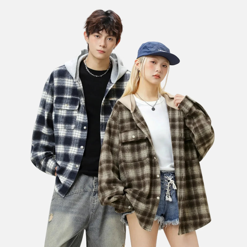 Flannel Hood Colorblock Plaid Oversized Top