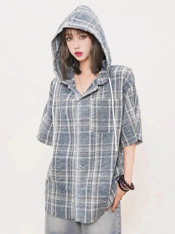 Hip Hop Hood Retro Plaid Loose Blouse