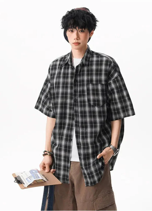Mens Summer Plaid Oversized Casual Top alternatif görünüm