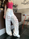 White Torn Tie Splicing High-Rise Denim