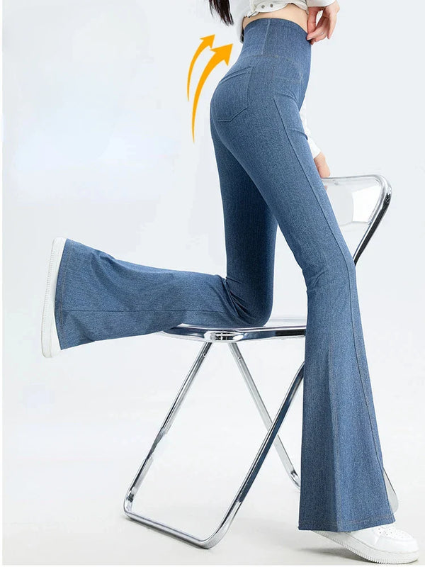 Women High-Rise Bell Denim Leggings Denim alternatif görünüm