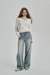 Neck Round Pleated Lace White T-Shirt