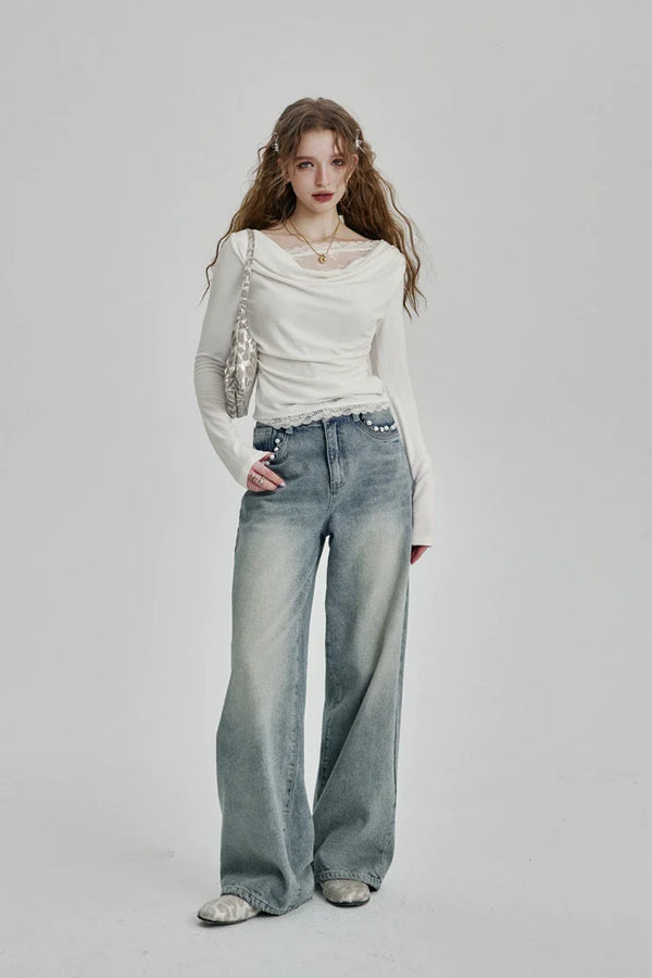 Neck Round Pleated Lace White T-Shirt