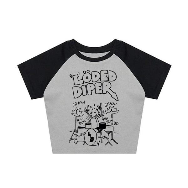 Turn-Of-Era Drummer Darkwave Letter Pattern Crop Top alternatif görünüm